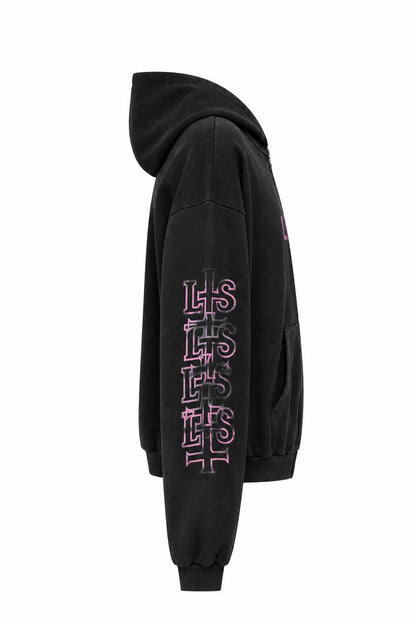 VINTAGE BLACK OVERSIZED ZIPPED HOODIE PINK PRINT