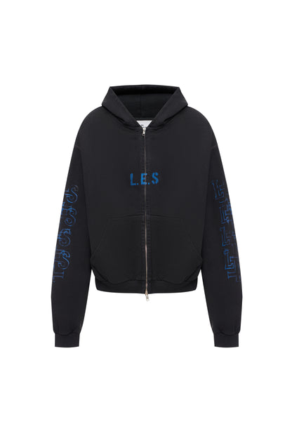 VINTAGE BLACK OVERSIZED ZIPPED HOODIE BLUE PRINT