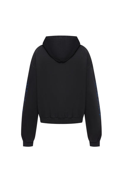 VINTAGE BLACK OVERSIZED ZIPPED HOODIE BLUE PRINT