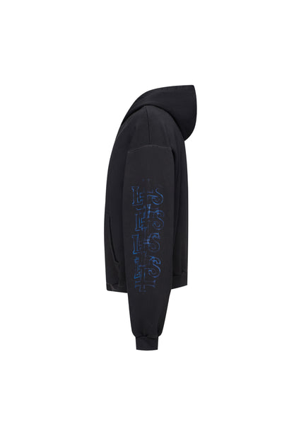 VINTAGE BLACK OVERSIZED ZIPPED HOODIE BLUE PRINT
