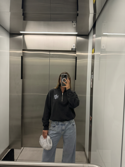 VINTAGE BLACK BOXY OVERSIZED ZIP SWEATER
