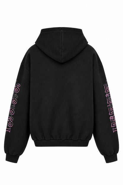 VINTAGE BLACK OVERSIZED ZIPPED HOODIE PINK PRINT