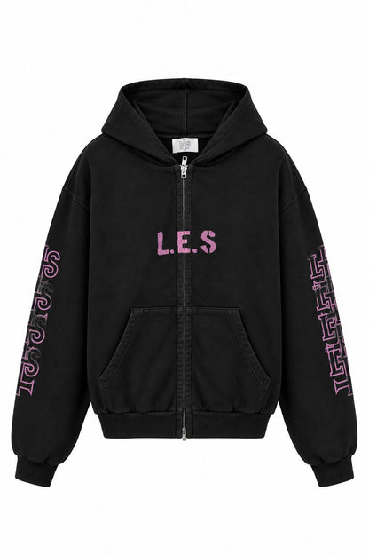VINTAGE BLACK OVERSIZED ZIPPED HOODIE PINK PRINT