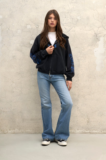 VINTAGE BLACK OVERSIZED ZIPPED HOODIE BLUE PRINT