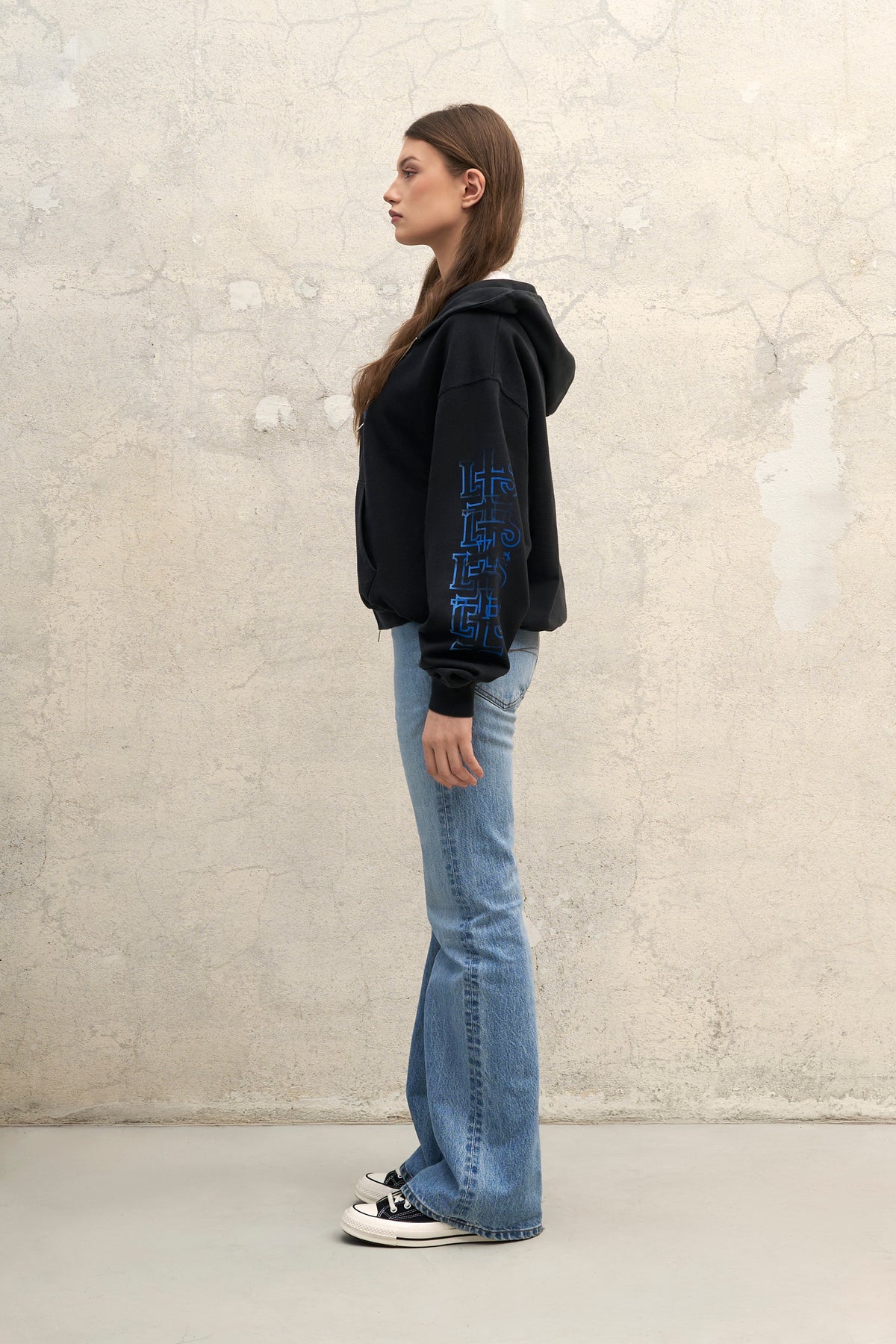 VINTAGE BLACK OVERSIZED ZIPPED HOODIE BLUE PRINT