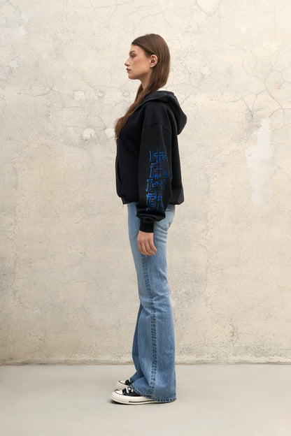 VINTAGE BLACK OVERSIZED ZIPPED HOODIE BLUE PRINT