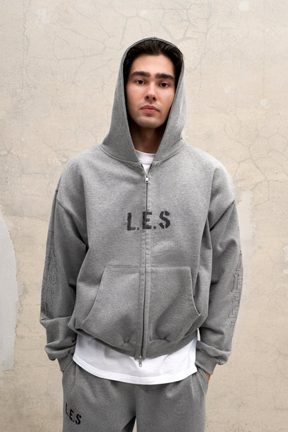 GREY OVERSIZED ZIPPED HOODIE